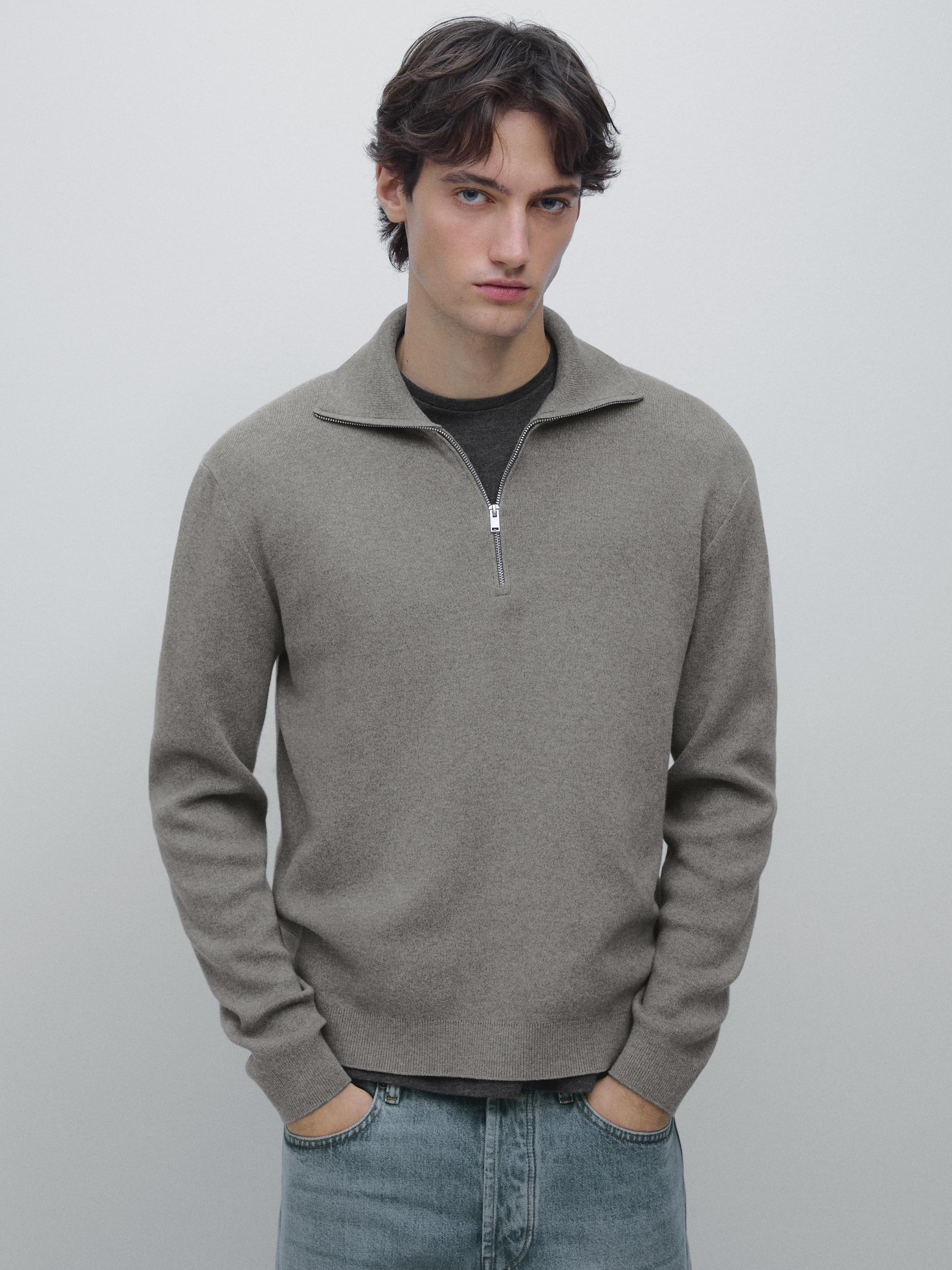 Cotton mock neck knit sweater with zip